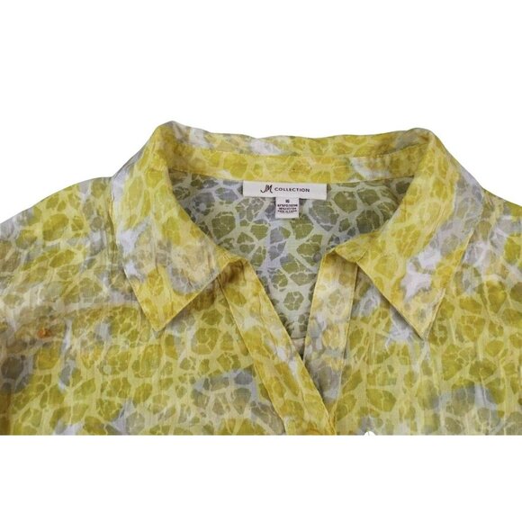 Women's Yellow Button Down Cheetah Blouse V-Neck Top Semi Sheer size 16    JH878 - Picture 2 of 3